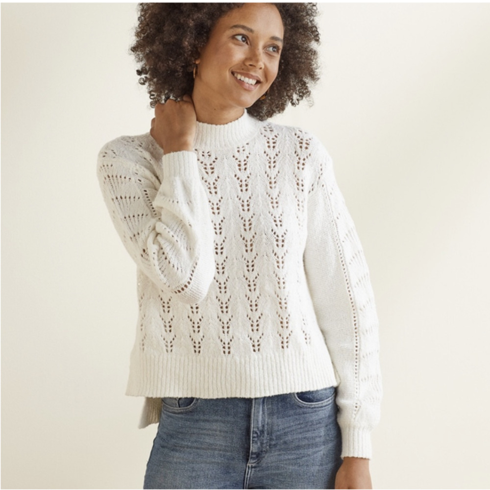 Upwest Womens Wool Blend Mock Neck Open Knit Sweater High Low Hem Cream Size XS